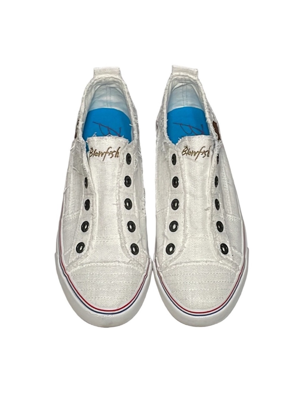 Blowfish White Canvas Slip-On Sneakers with Blue Insoles and Red Sole Stripe